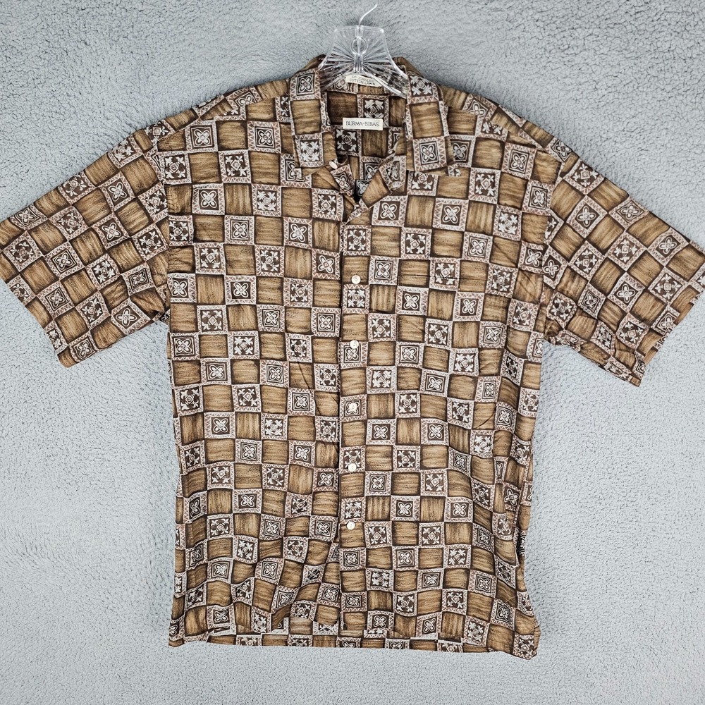 Burma Bibas Hawaiian Shirt Mens Medium Brown Geometric Short Sleeve Button‎ Up